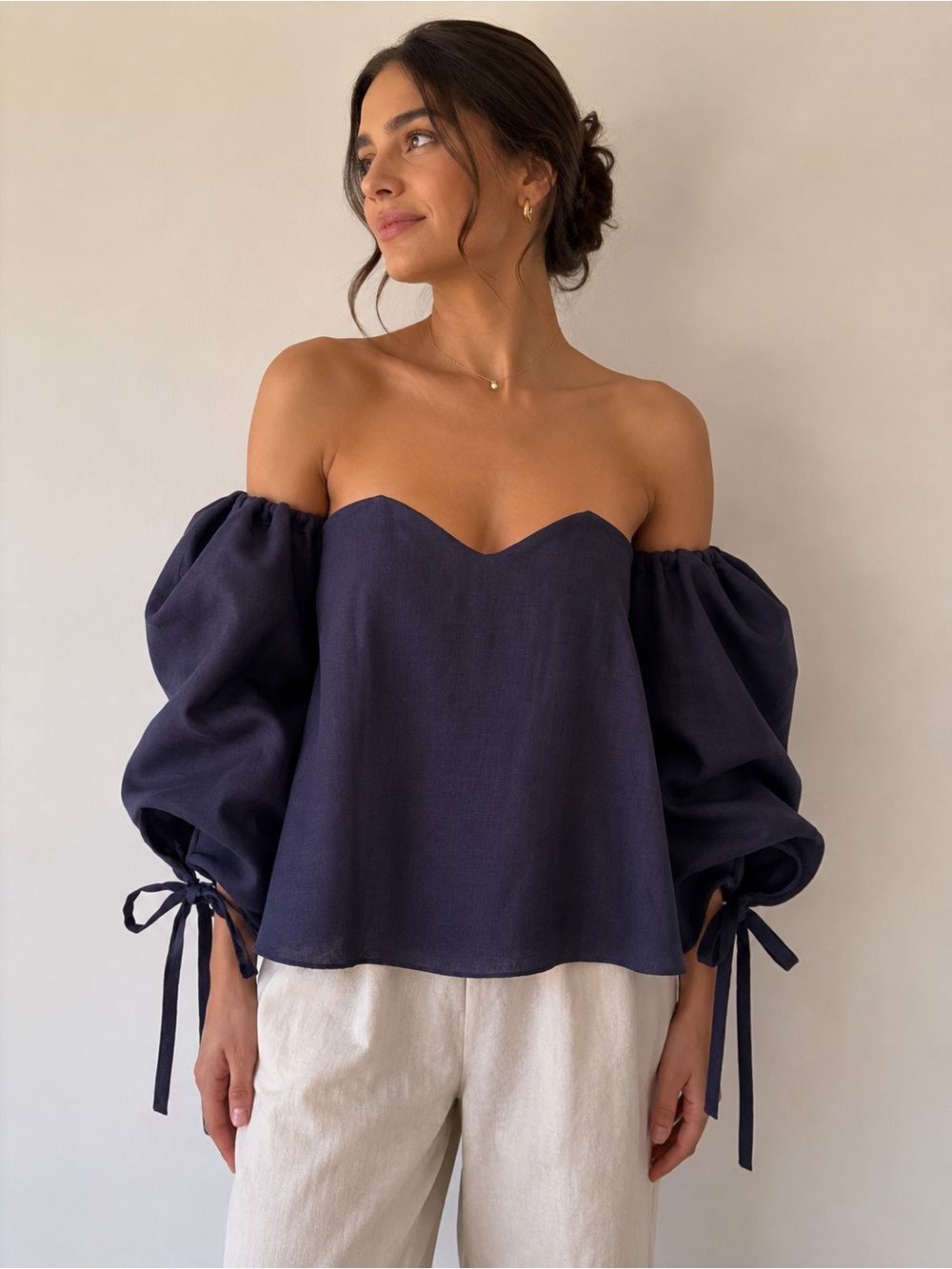 Sweetheart Off-Shoulder Puff Sleeve Blouse - Navy